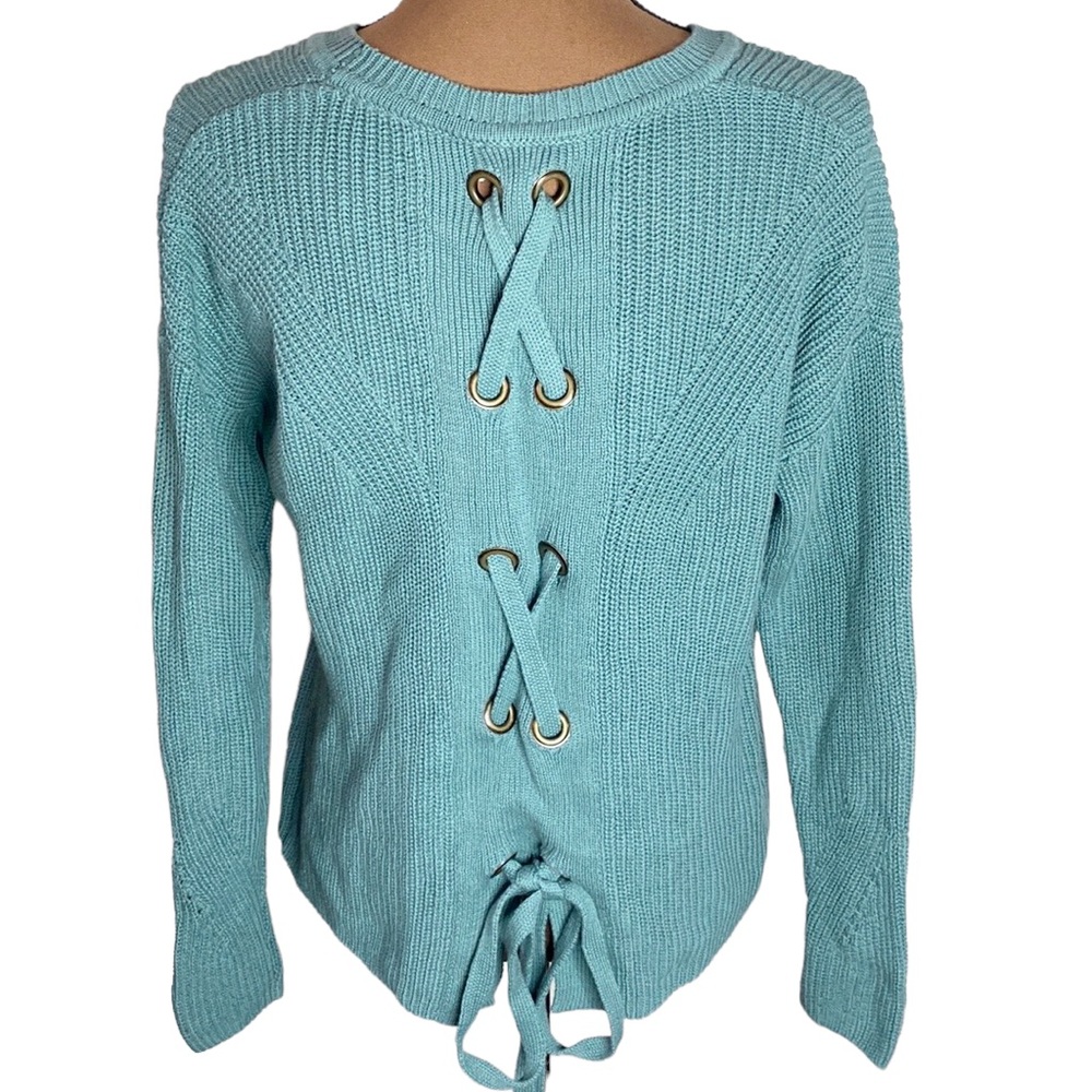 Lucky Brand Back Lace Pullover Ribbed Knit Cotton Sweater in Sage Hue size S